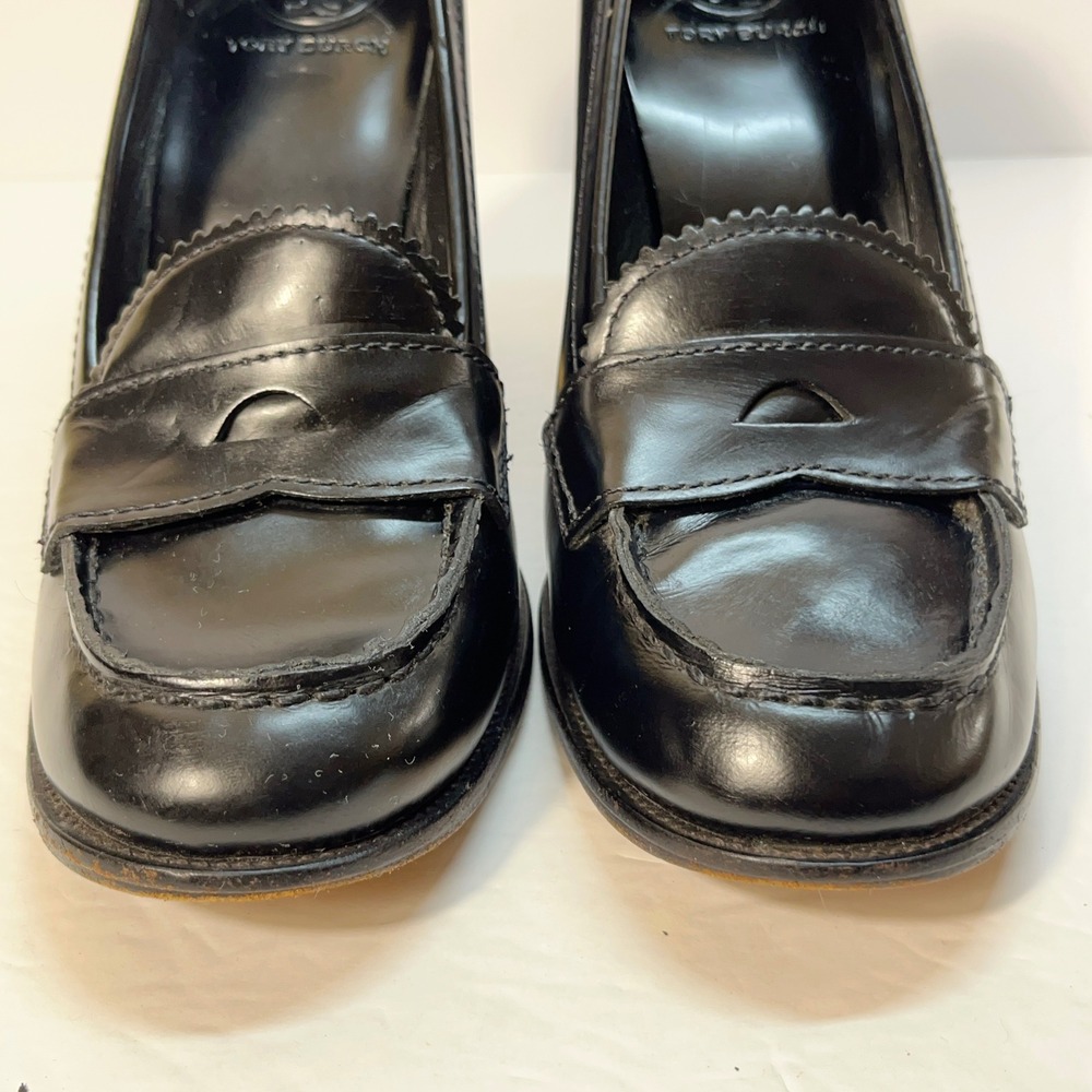 Tory Burch Womens Heeled Loafer Pumps 8.5M Black Leather Logo Block Heel Preppy - Picture 9 of 11